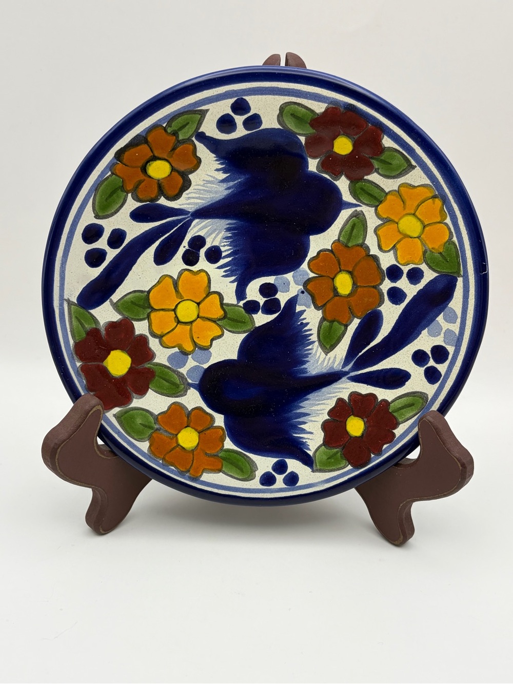 Made in Mexico, Hand Painted, Redware Plate, Bright Blue Birds & Florals, 6.25”